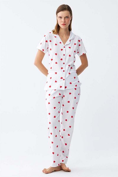 modaserdem Mdsrdm Women's White Red Heart Front Button Pajama Set