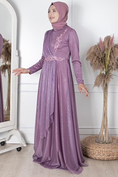 Fahima Güpür Detaylı Simli Abiye Lila FHM862