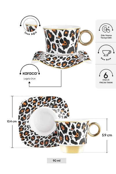 Karaca Zerrin Coffee Cup Set for 6 People 90 ml Gold