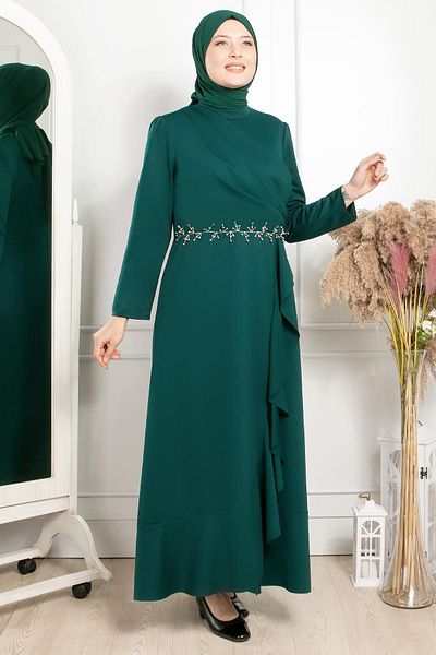 Fahima Κέντημα με βολάν Λεπτομερές φόρεμα Emerald Fhm874
