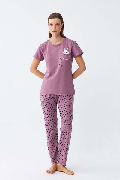 modaserdem Mdsrdm Women's Purple Paw Rabbit Printed Pajama Set with Pockets