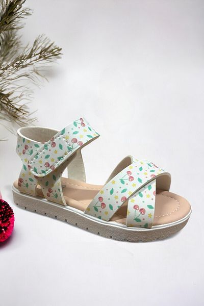 Ponchiq White Cherry Patterned Velcro Girls' Sandals