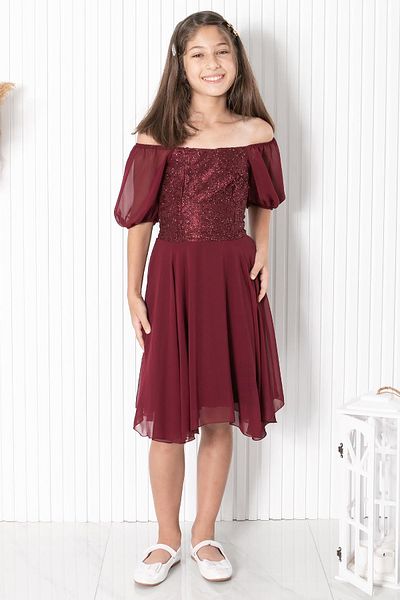 Modaviki Balloon Sleeve Detailed Chiffon Evening Dress Claret Red Mdv332
