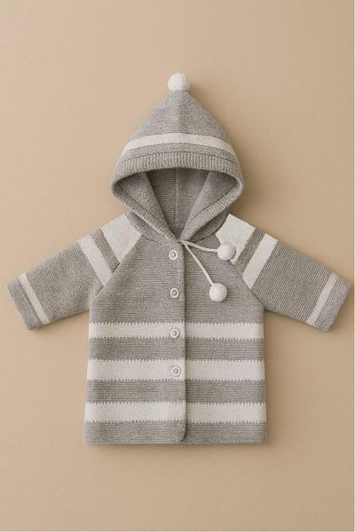 Cevval Striped Hooded Pompom Double Layer Knitted Baby Cardigan