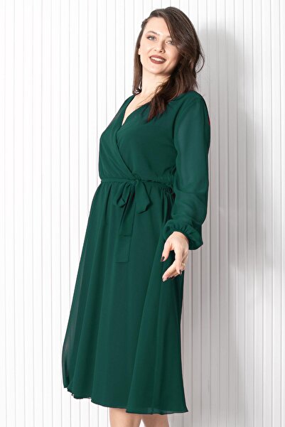 Fahima Belt Detailed Chiffon Evening Dress Emerald FHM916