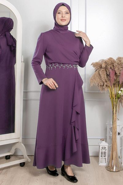 Fahima Ruffled Jewelled Detailed Dress Lilac FHM874