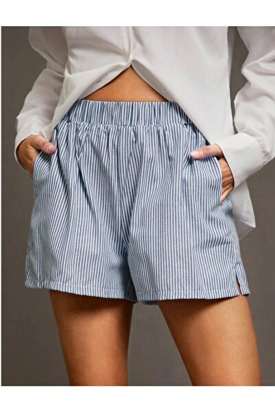 The Champ Clothing Yazlık Hafif Poplin Kumaş Mavi Çizgili Kadın Şort