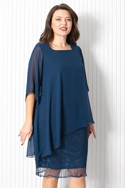 Fahima Pearl Chiffon Evening Dress Navy Blue FHM908