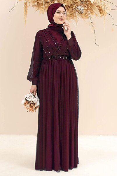 Fahima İnci Taş Detaylı Tül Abiye Mürdüm FHM830