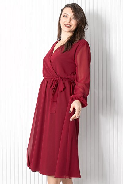 Fahima Belt Detailed Chiffon Evening Dress Plum FHM916