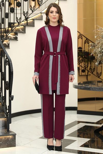 TesettürButik Havin 3-Piece Jacket Set Plum-Grey Elb38