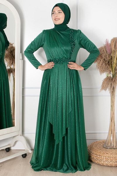 Fahima Βραδινό φόρεμα Guipure Λεπτομερές Glitter Emerald Fhm862