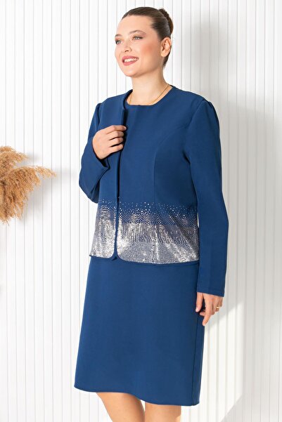 Fahima Βραδινό φόρεμα με μπουφάν και πέτρες Navy Blue FHM896