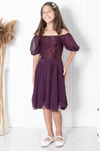 Modaviki Balloon Sleeve Detailed Chiffon Evening Dress Plum Mdv332