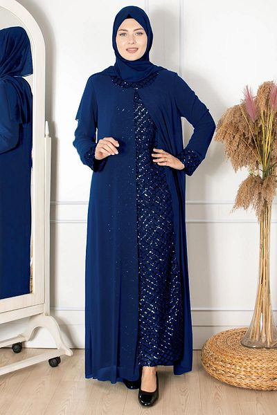 Fahima Sequin Detailed Evening Dress with Cape Navy Blue Fhm854