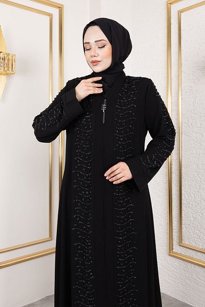 Tesettür Dünyası Λεπτομέρεια Wave Stone Abaya TSD250166 Μαύρο
