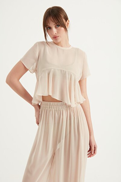 Fahima Κοντή μπλούζα από σιφόν σε ανοιχτό λευκό 2132