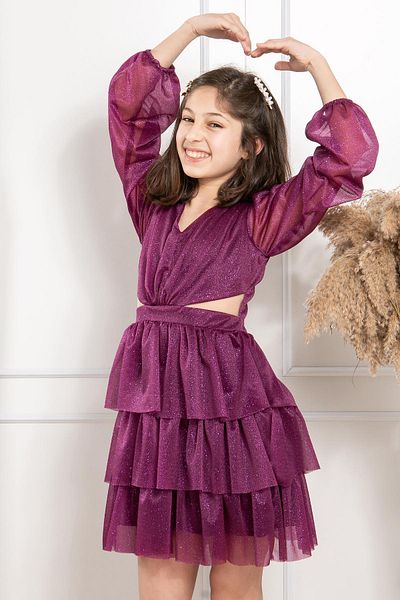 Modaviki Frilly Glittery Tulle Children's Evening Dress Plum Mdv308