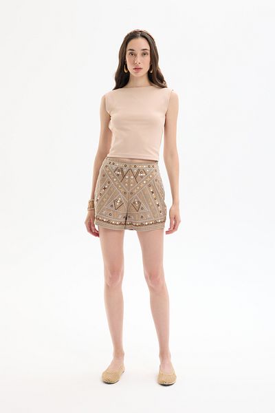 Quzu Ethnic Embroidery Embroidered Sequin Decorated Mini Shorts Beige