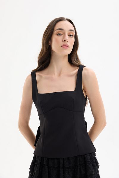 Quzu Square Neck Strap Blouse with Ribbon Detail on the Back Black
