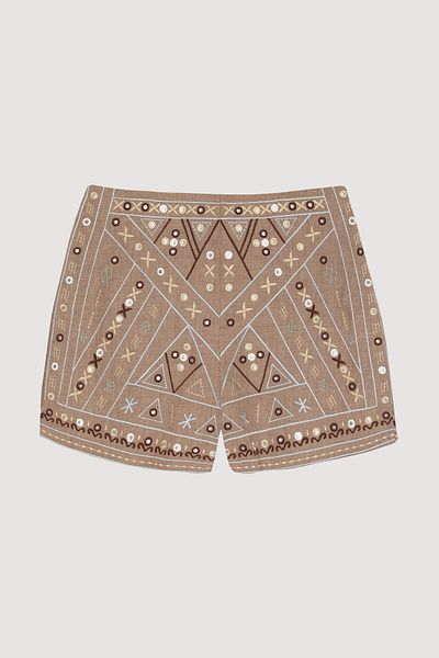 Quzu Ethnic Embroidery Embroidered Sequin Decorated Mini Shorts Beige