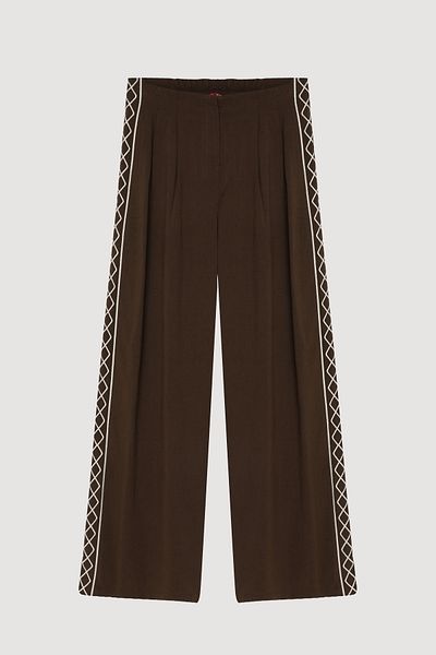 Quzu Stripe Embroidered Pleated Wide Leg Linen Trousers Dark Brown