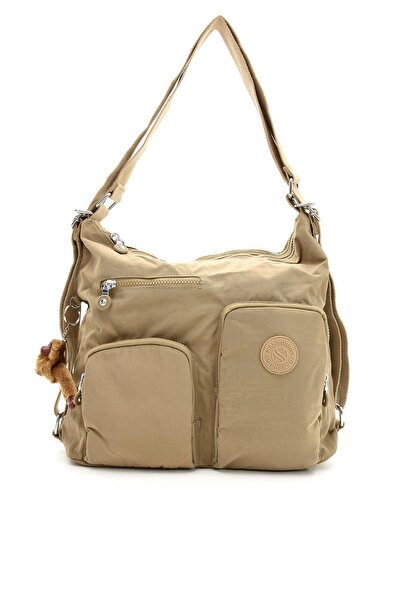 Sanmorris حقيبة كتف وحقيبة ظهر نسائية باللون البيج - مقاومة للماء، حزام متقاطع، قماش مجعد