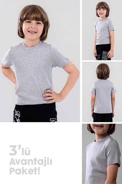 BAYKAR Boy's Cotton Crew Neck Flannel T-Shirt 3 Pack Gray Melange