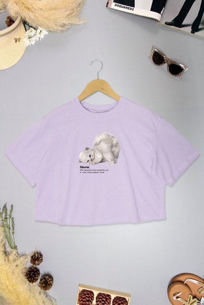FANA Women's Semi Crop Oversize T-Shirt - Cat Meow Printed T-Shirt