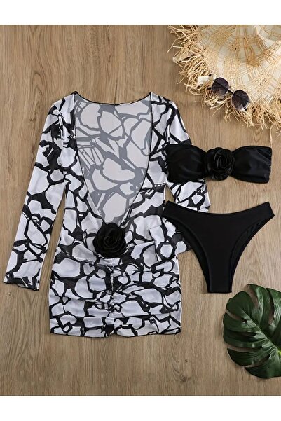 wishe Siyah Beyaz Gül Detay Straplez Bikini Takım Set ve Pareo Elbise Plaj Giyim