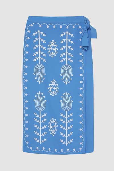 Quzu Tulip Embroidered Tie Midi Length Skirt Blue