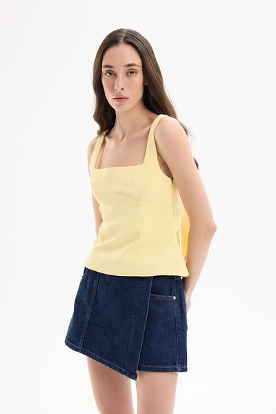 Quzu Square Neck Strap Blouse with Ribbon Detail on the Back Yellow