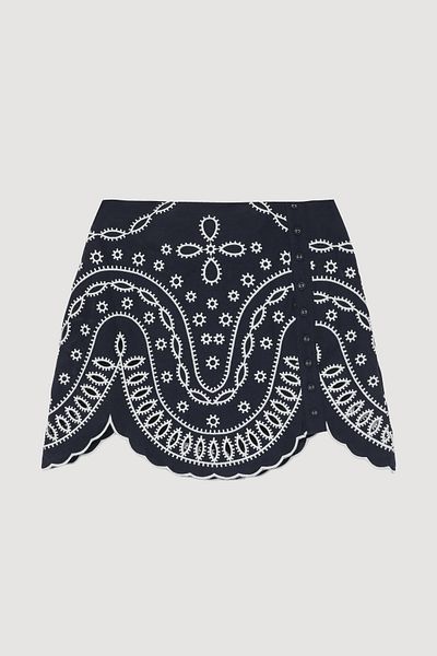 Quzu Mini Floral Embroidered Button Detailed Mini Skirt Navy Blue