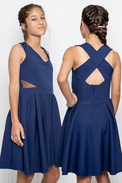 Modaviki Navy Blue V-neck Crepe Girl's Evening Dress - Mdv352