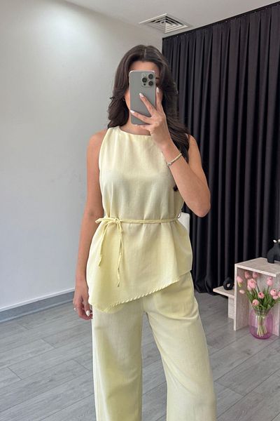 My Blog Yellow Belted Asymmetrical Blouse Set - 8784