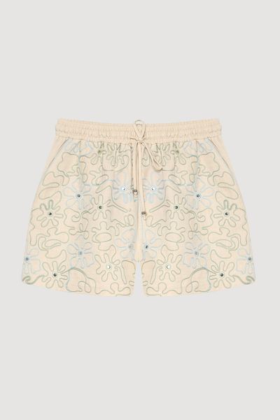 Quzu Colorful Embroidery Embroidered Waist Lace up Mini Shorts Natural