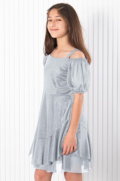 Modaviki Γκρι βραδινό φόρεμα από τούλι - μανίκι με μπαλόνι και λεπτομέρεια γκλίτερ MDV940