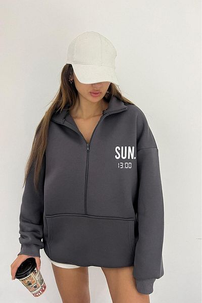 Sun Victoria Anthracite Unisex Stand Collar Zippered Oversize 3 Thread Ribbed Inside Printed Sweatshirt