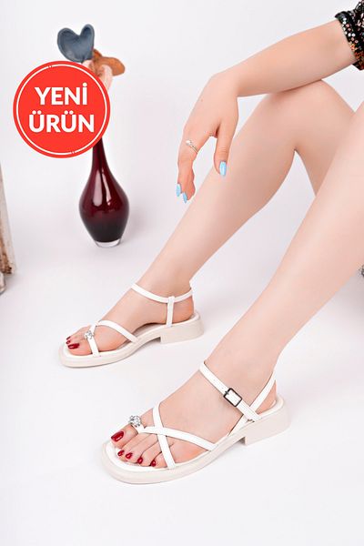 MARSHETTA Solea Model Toe Top Solitaire Buckle Detailed Daily White Women's Sandals