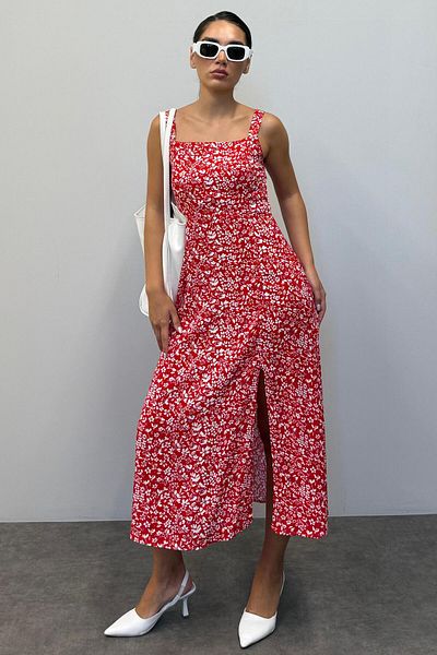 Madmext Red Patterned Slit Long Dress MG1868