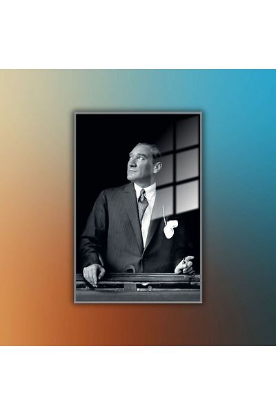 GAAGART Masă de birou din sticlă temperată cu cadru metalic Atatürk care se privă în sus