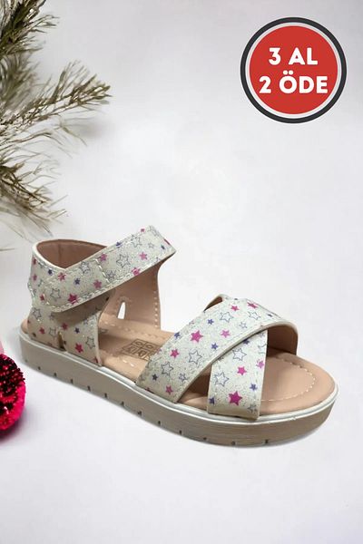 Ponchiq White Star Patterned Velcro Girls' Sandals