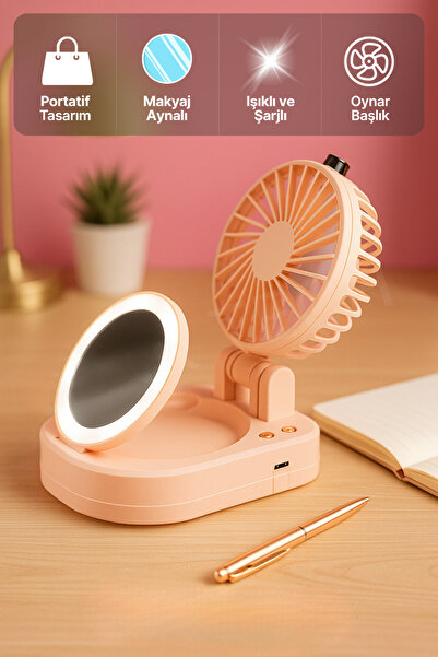 BEYZANA Taşınabilir Işıklı Makyaj Aynalı Mini Vantilatör Fan 3 Kademeli Turbo Üfleme Serin Makyaj Deneyimi