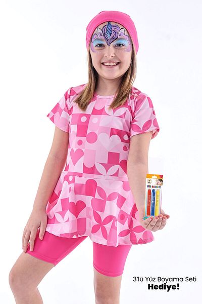 ZUZUNGA Heart Patterned Pink Girl's Checkered Swimsuit Set