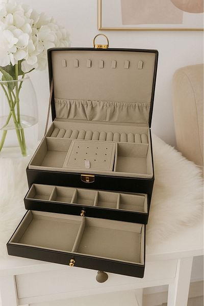Ecrou 2 Drawer Leather Look Locking Jewelry Box Black