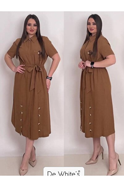 DE WHITES Plus Size Linen Belted Shirt Dress