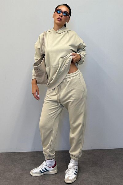 Madmext Σετ γυναικεία αθλητική φόρμα Mad Girls Beige Hooded Mg1225