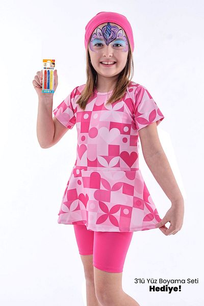 ZUZUNGA Heart Patterned Pink Girl's Checkered Swimsuit Set