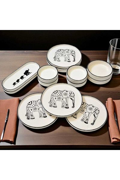 Noah Exclusive Elephant Patterned 14 Piece Luxury Breakfast Set for 6 People Breakfast Presentation Set