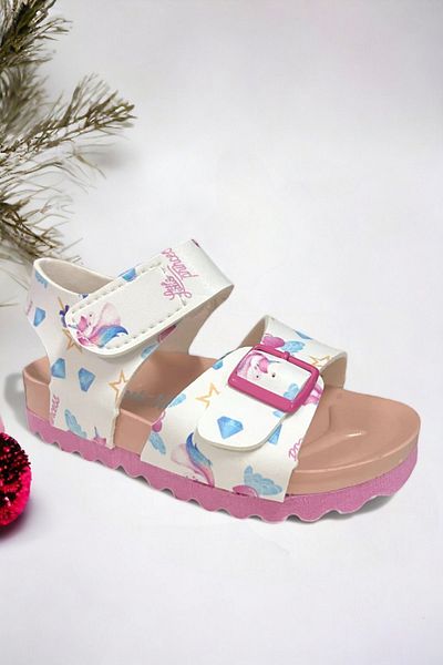 Ponchiq White Patterned Velcro Girls' Sandals